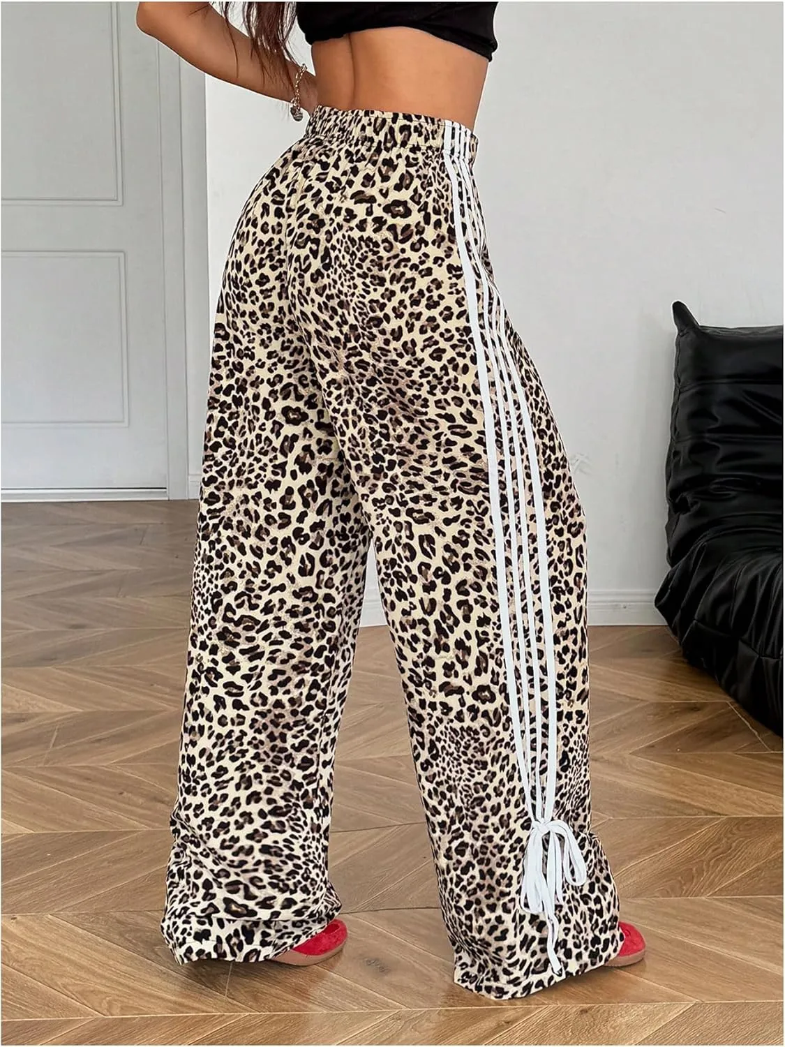 OYOANGLE Women's Leopard Print Striped Knot Side Trousers High Waist Straight Leg Baggy Pants