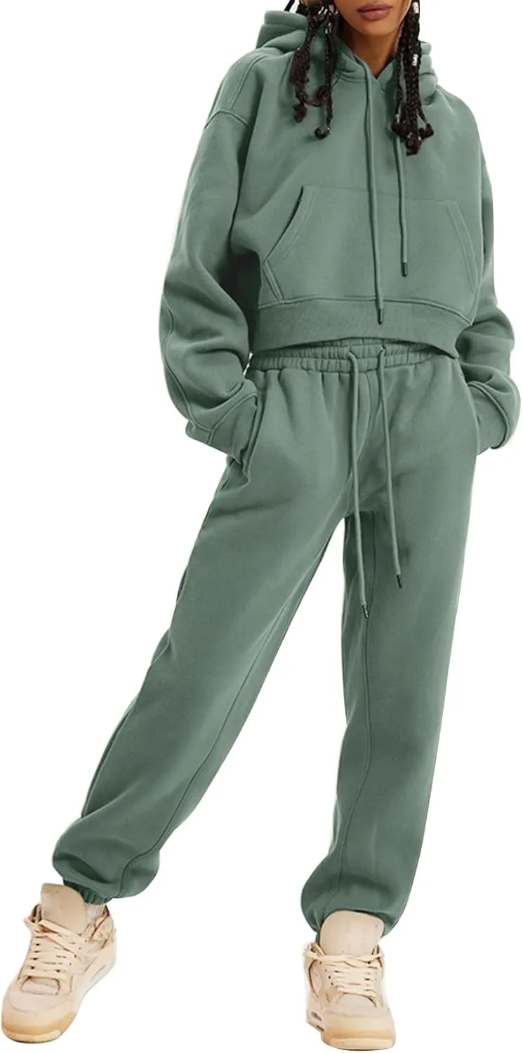 PEHMEA Women's 2 Piece Sweatsuit Outfits, Winter Comfy Lounge Sets for Women, Fleece Hoodies Crop Pullover with Joggers Pants