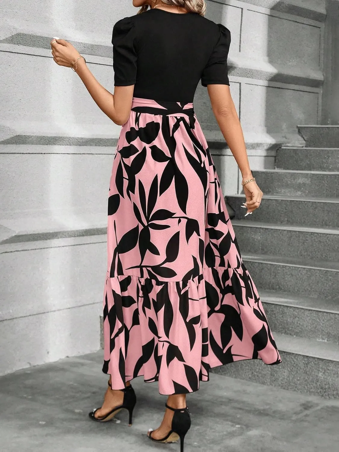 PerZeal Women's Casual Summer Crewneck A Line Short Sleeve Print Flowy Boho Long Maxi Dress with Belt