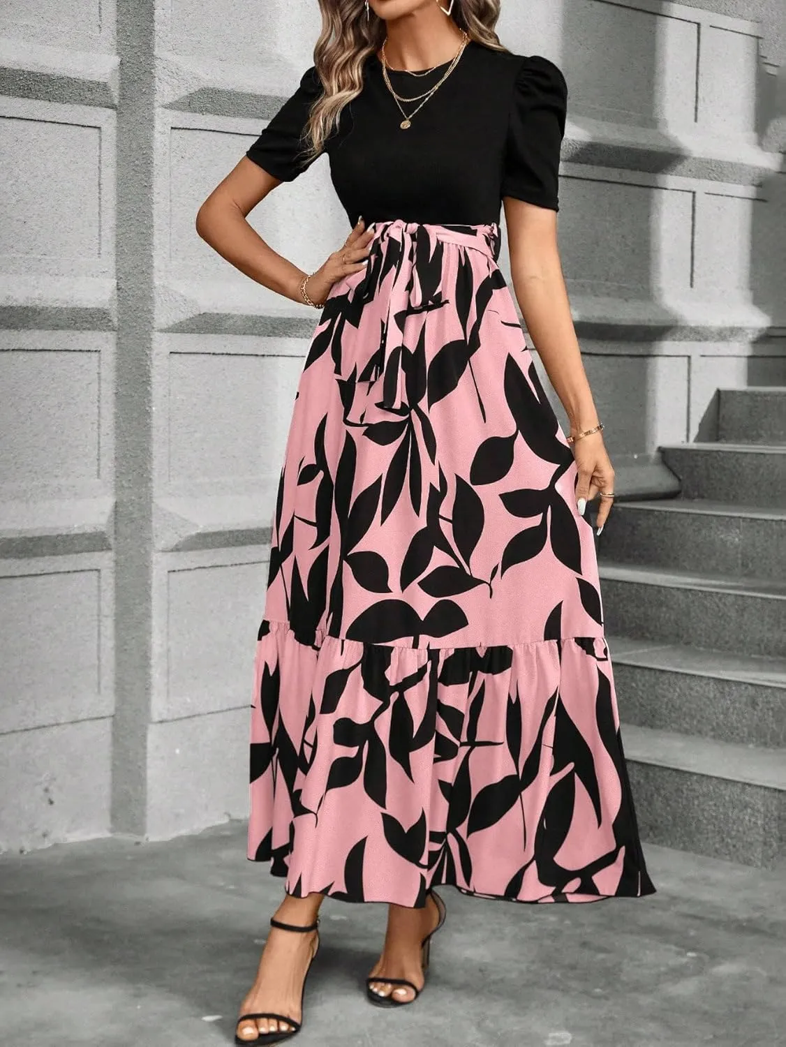 PerZeal Women's Casual Summer Crewneck A Line Short Sleeve Print Flowy Boho Long Maxi Dress with Belt