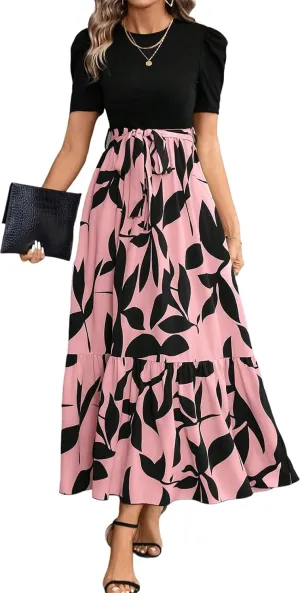 PerZeal Women's Casual Summer Crewneck A Line Short Sleeve Print Flowy Boho Long Maxi Dress with Belt
