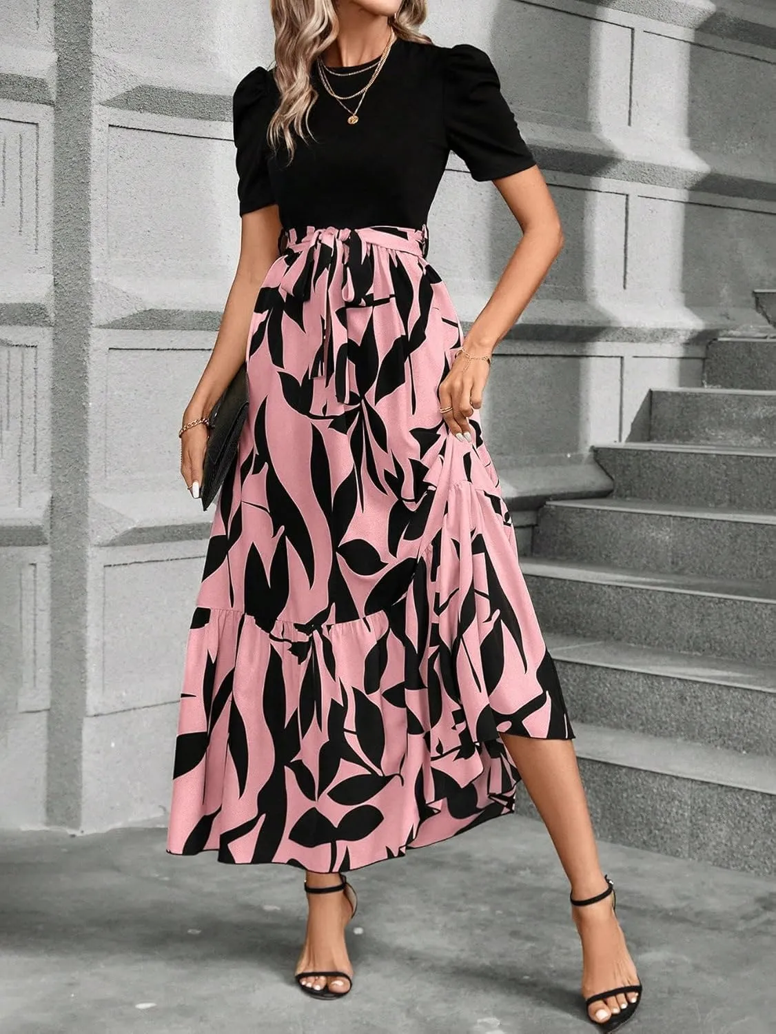 PerZeal Women's Casual Summer Crewneck A Line Short Sleeve Print Flowy Boho Long Maxi Dress with Belt