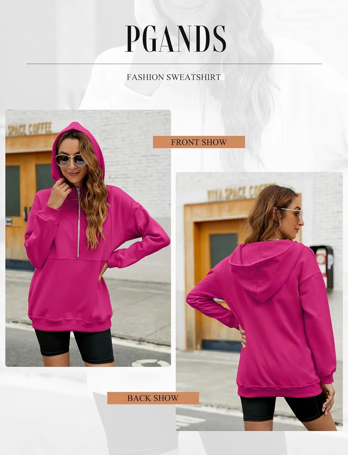 PGANDS Women's Long Sleeve Fleece Lined Hoodies Half Zip Collar Zipper Loose Hooded Sweatshirts