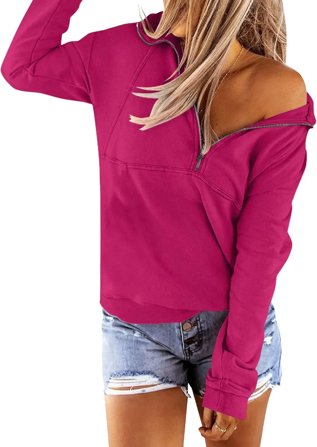 PGANDS Women's Long Sleeve Fleece Lined Hoodies Half Zip Collar Zipper Loose Hooded Sweatshirts