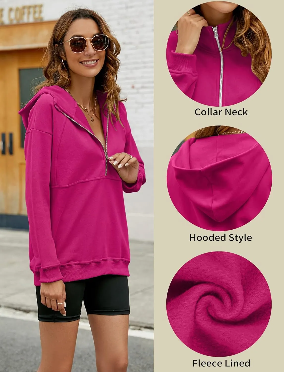 PGANDS Women's Long Sleeve Fleece Lined Hoodies Half Zip Collar Zipper Loose Hooded Sweatshirts