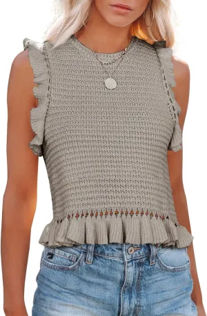 PiePieBuy Women's Summer Knit Tank Tops Crew Neck Sleeveless Cami Shirts Tees Ruffle Sweater Vest