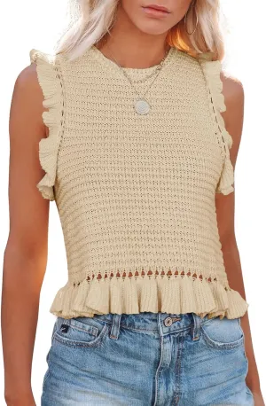 PiePieBuy Women's Summer Knit Tank Tops Crew Neck Sleeveless Cami Shirts Tees Ruffle Sweater Vest