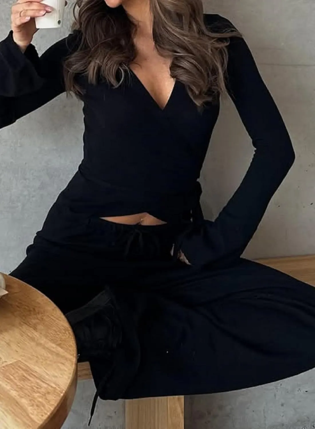 Pilates Ballet Wrap Tops for Women Y2K Long Sleeve Tie Front Yoga Shirts Slim Fit V Neck Bandage Workout Tops