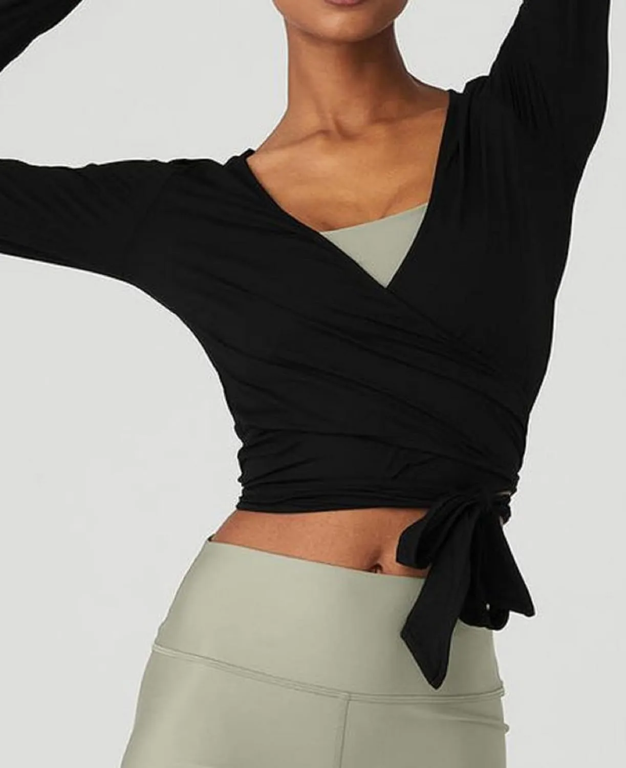 Pilates Ballet Wrap Tops for Women Y2K Long Sleeve Tie Front Yoga Shirts Slim Fit V Neck Bandage Workout Tops