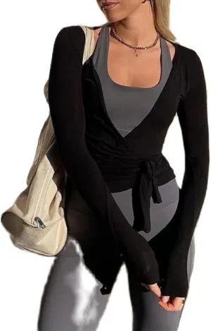 Pilates Ballet Wrap Tops for Women Y2K Long Sleeve Tie Front Yoga Shirts Slim Fit V Neck Bandage Workout Tops