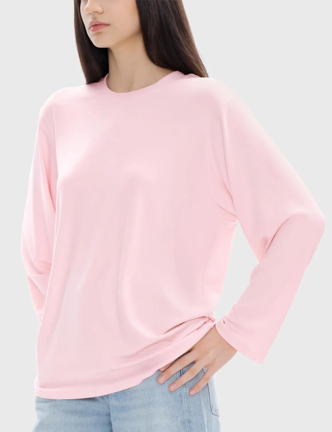 PUMIEY Women's Oversized Long Sleeve T Shirts Crew Neck Loose Fit Tops Casual Basic Tee Mirror Collection