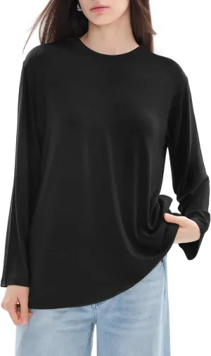 PUMIEY Women's Oversized Long Sleeve T Shirts Crew Neck Loose Fit Tops Casual Basic Tee Mirror Collection