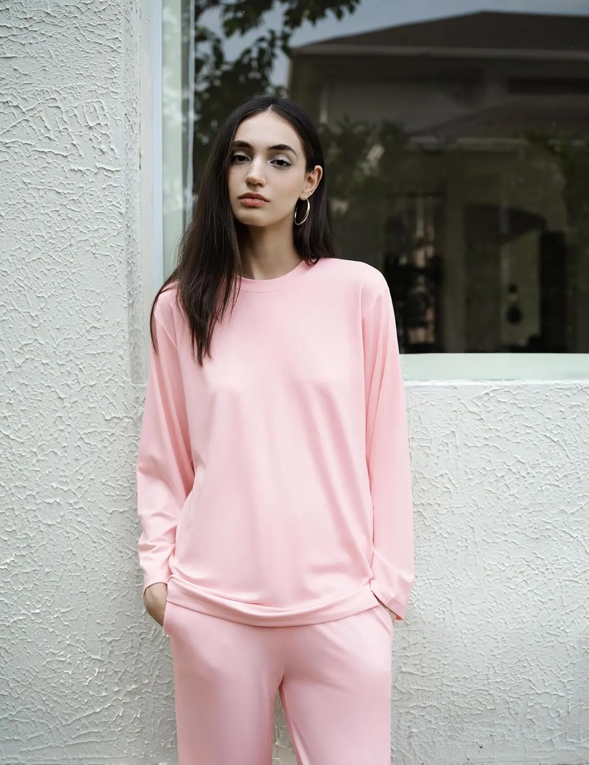 PUMIEY Women's Oversized Long Sleeve T Shirts Crew Neck Loose Fit Tops Casual Basic Tee Mirror Collection