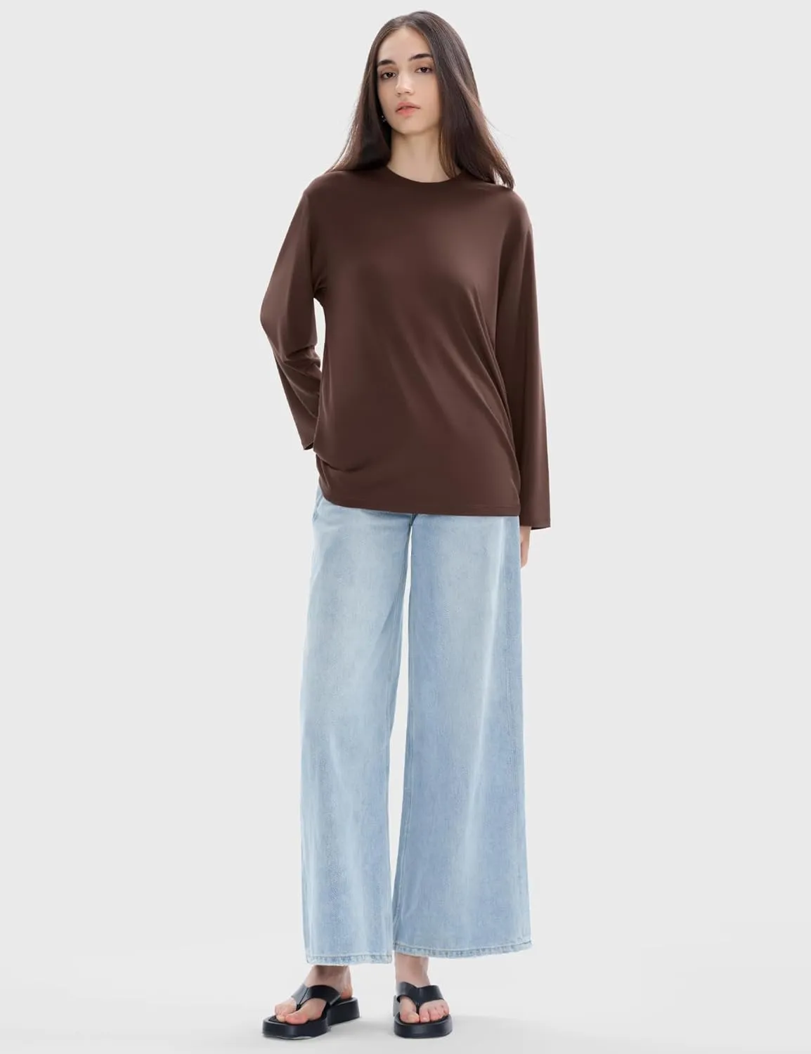 PUMIEY Women's Oversized Long Sleeve T Shirts Crew Neck Loose Fit Tops Casual Basic Tee Mirror Collection