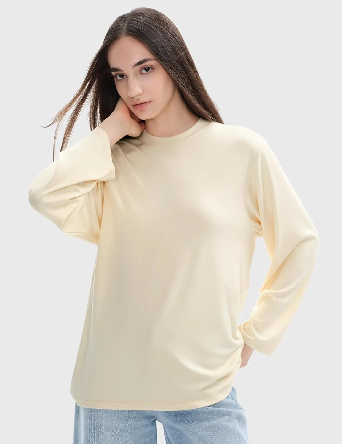PUMIEY Women's Oversized Long Sleeve T Shirts Crew Neck Loose Fit Tops Casual Basic Tee Mirror Collection