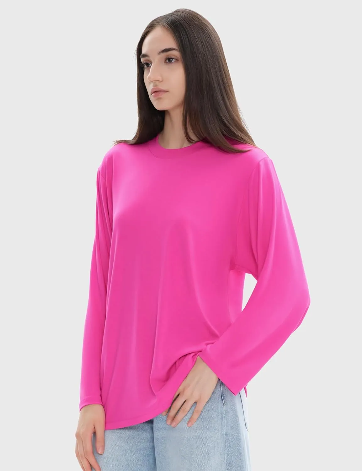 PUMIEY Women's Oversized Long Sleeve T Shirts Crew Neck Loose Fit Tops Casual Basic Tee Mirror Collection