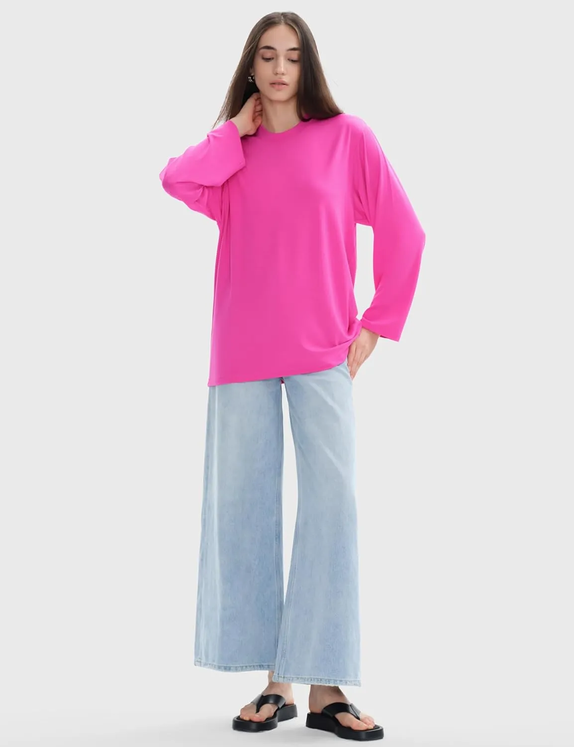 PUMIEY Women's Oversized Long Sleeve T Shirts Crew Neck Loose Fit Tops Casual Basic Tee Mirror Collection
