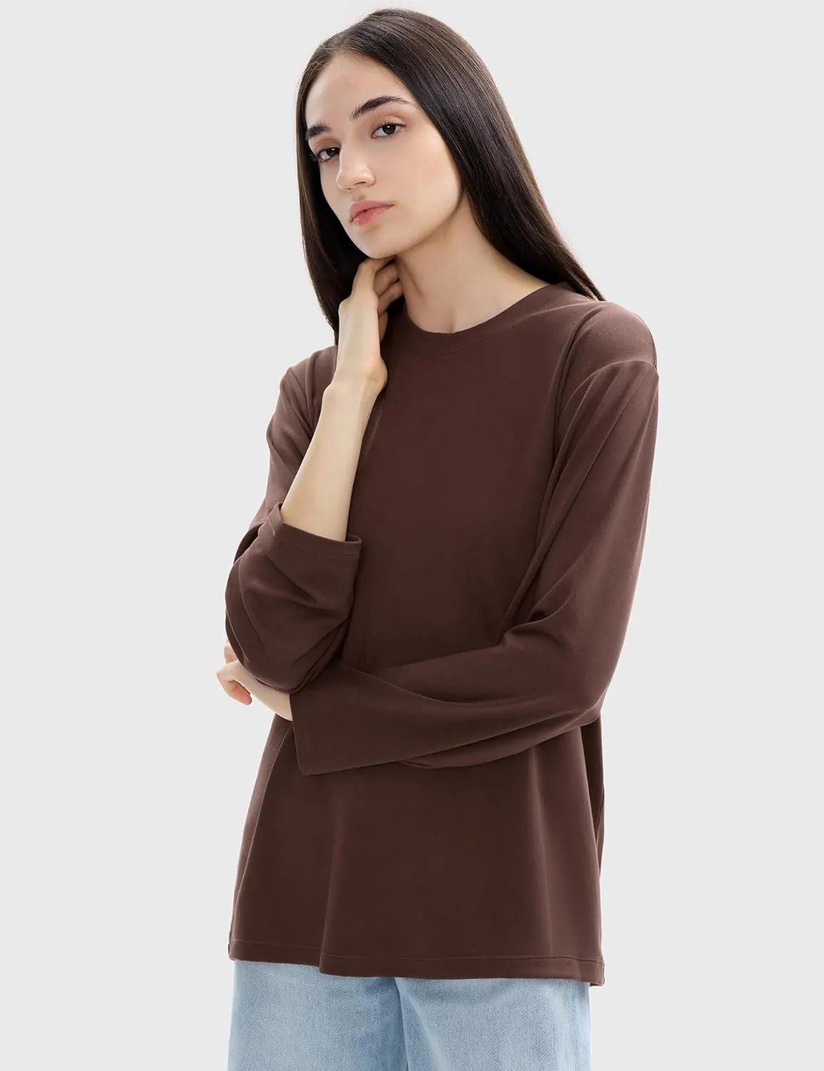 PUMIEY Women's Oversized Long Sleeve T Shirts Crew Neck Loose Fit Tops Casual Basic Tee Mirror Collection