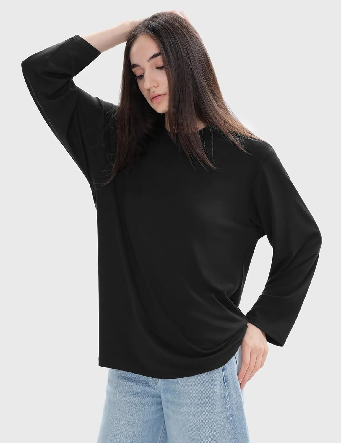 PUMIEY Women's Oversized Long Sleeve T Shirts Crew Neck Loose Fit Tops Casual Basic Tee Mirror Collection