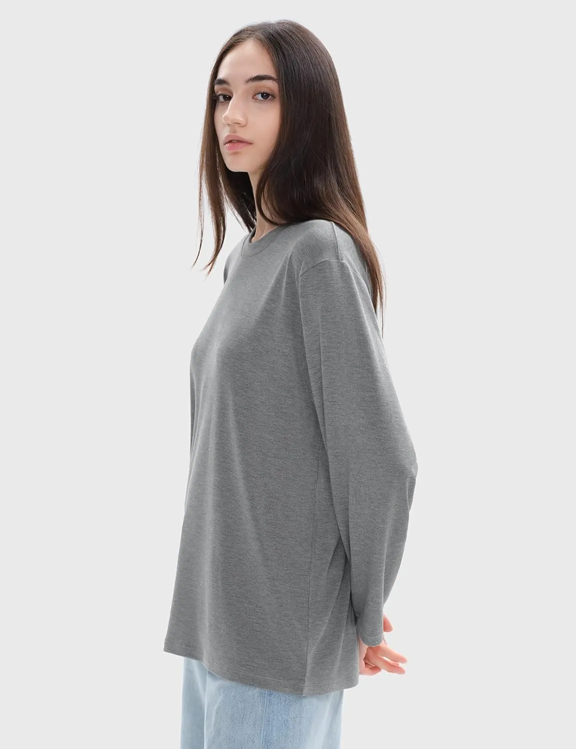 PUMIEY Women's Oversized Long Sleeve T Shirts Crew Neck Loose Fit Tops Casual Basic Tee Mirror Collection