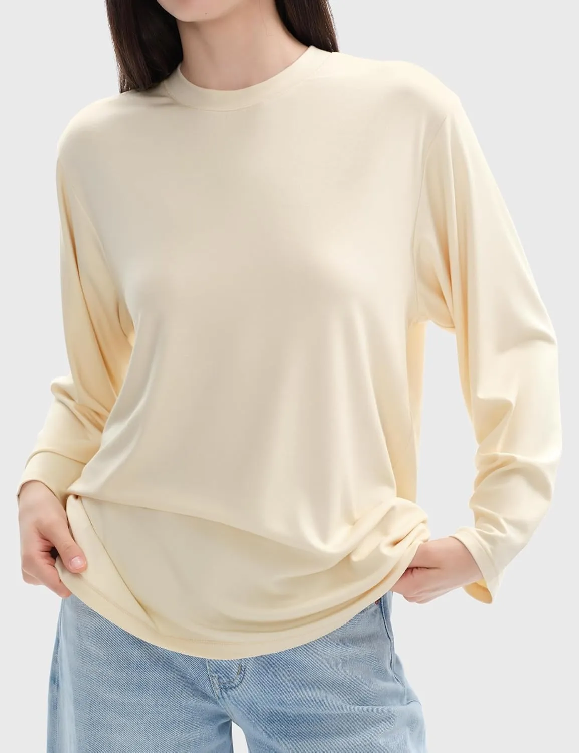 PUMIEY Women's Oversized Long Sleeve T Shirts Crew Neck Loose Fit Tops Casual Basic Tee Mirror Collection