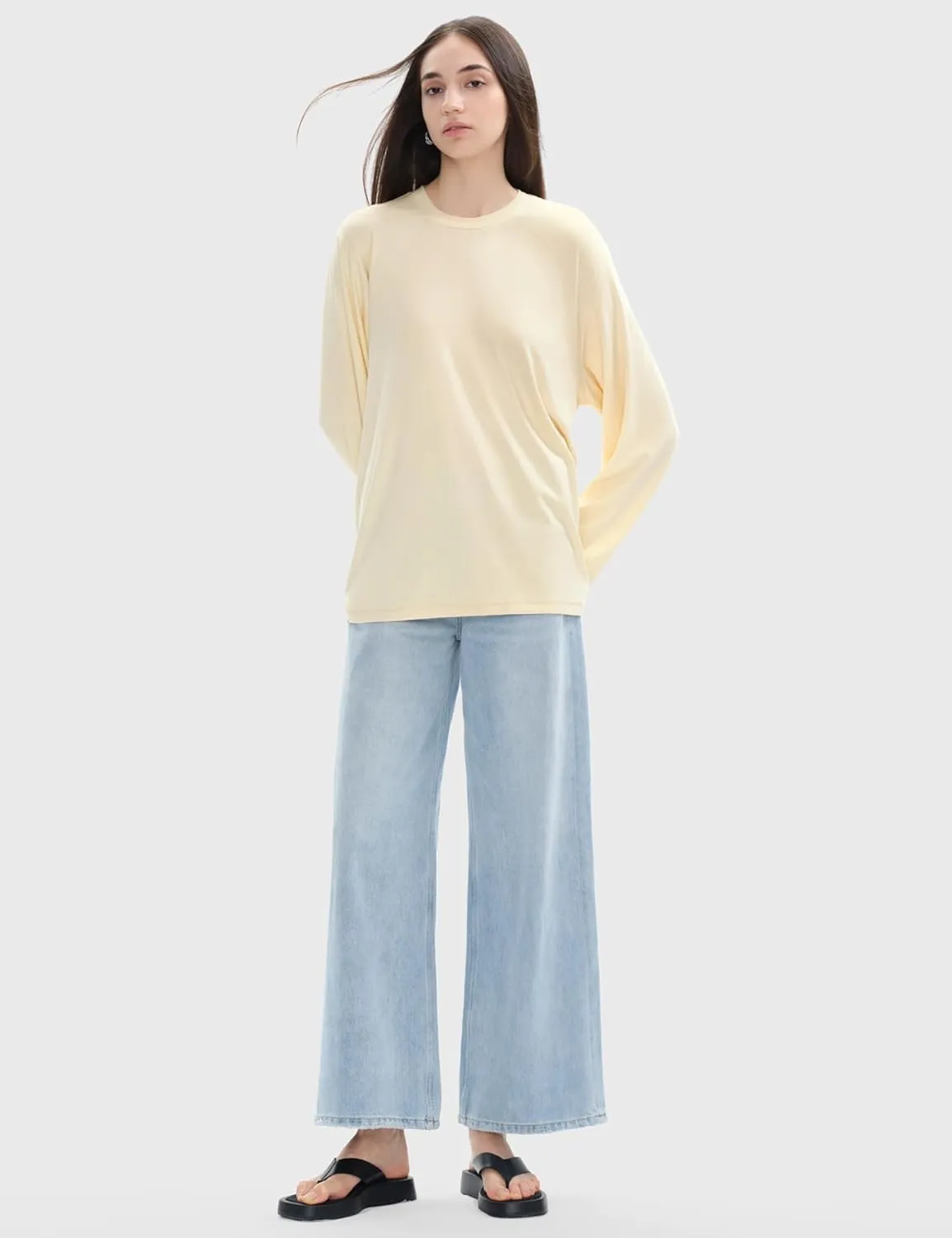 PUMIEY Women's Oversized Long Sleeve T Shirts Crew Neck Loose Fit Tops Casual Basic Tee Mirror Collection