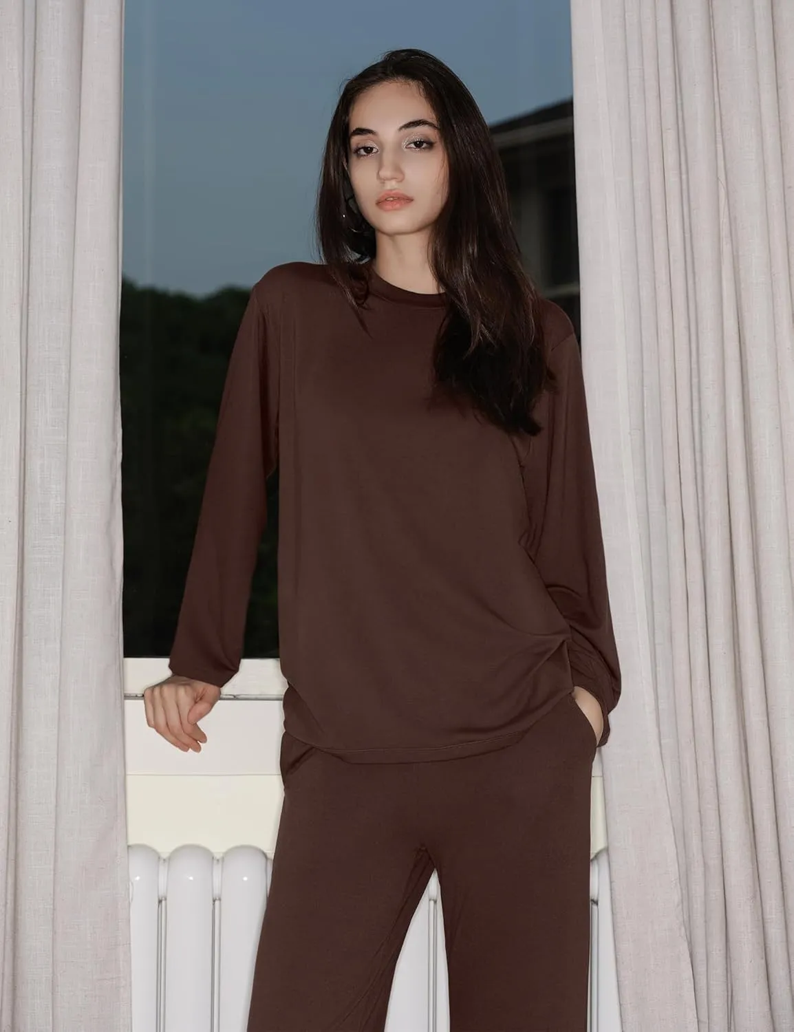 PUMIEY Women's Oversized Long Sleeve T Shirts Crew Neck Loose Fit Tops Casual Basic Tee Mirror Collection