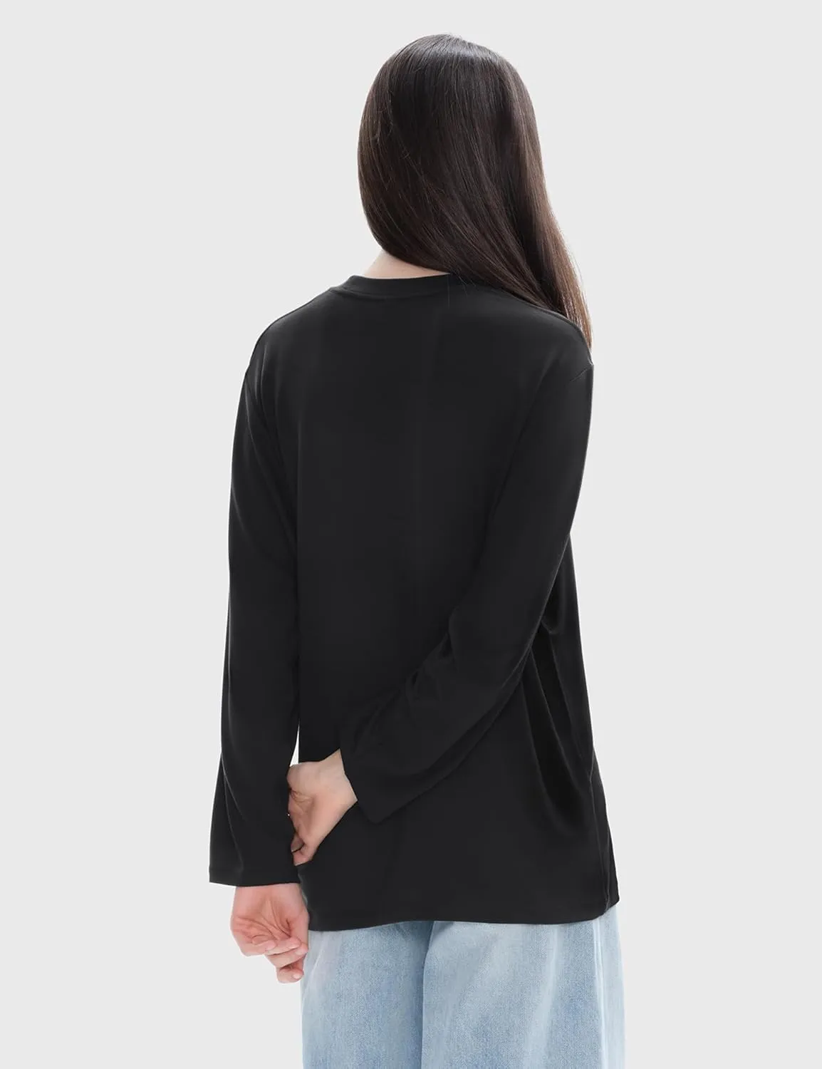 PUMIEY Women's Oversized Long Sleeve T Shirts Crew Neck Loose Fit Tops Casual Basic Tee Mirror Collection