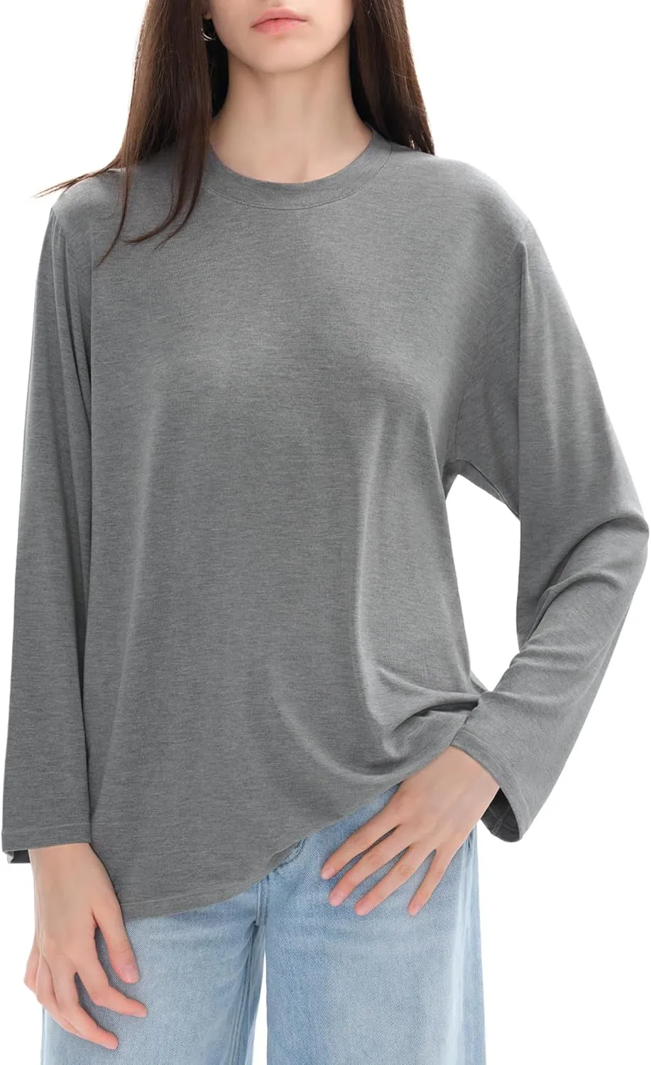 PUMIEY Women's Oversized Long Sleeve T Shirts Crew Neck Loose Fit Tops Casual Basic Tee Mirror Collection