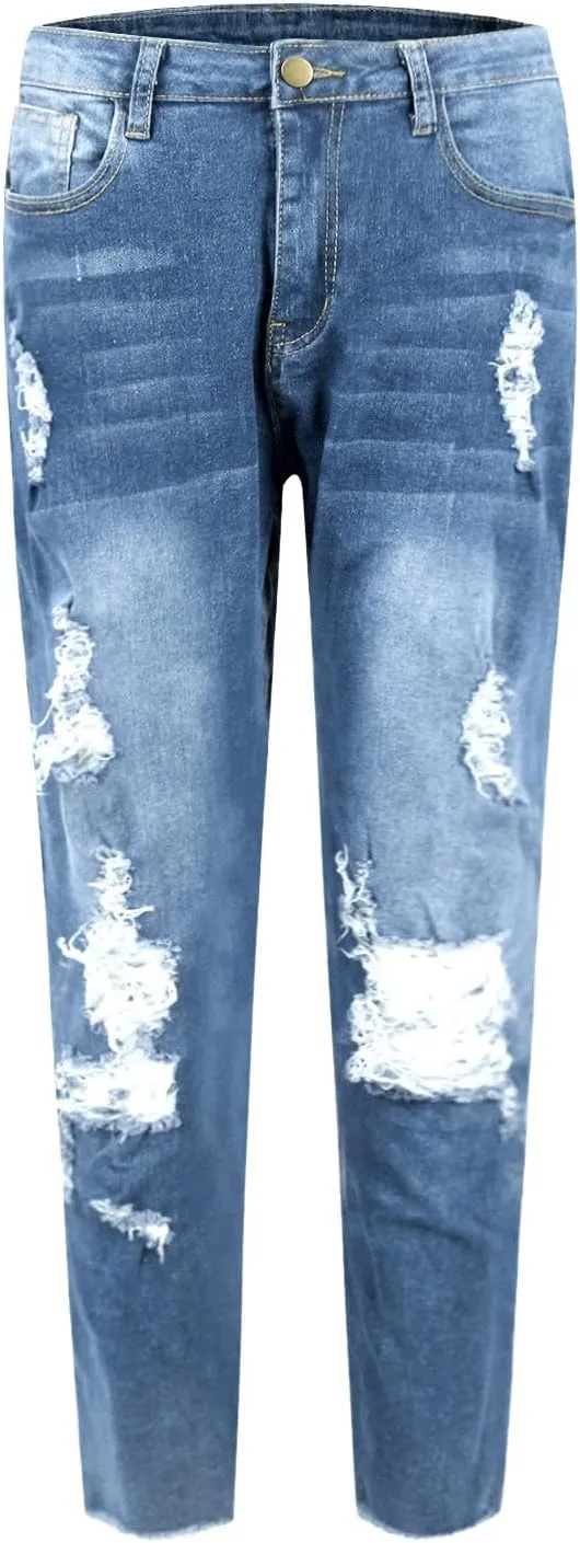 Ripped Jeans Womens Skinny Stretchy High Waisted Plus Size Raw Hem Denim Boyfriend Butt Lifting Jeggings with Pockets