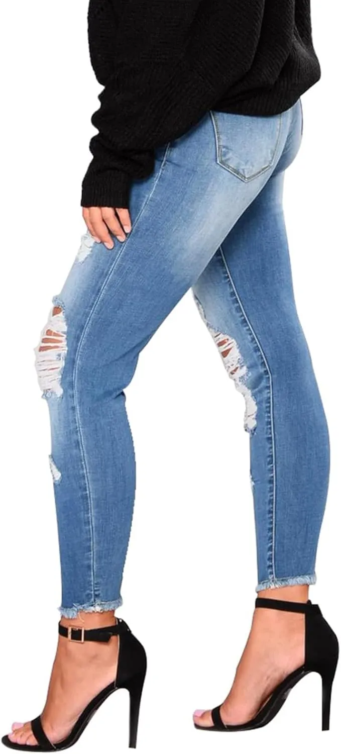 Ripped Jeans Womens Skinny Stretchy High Waisted Plus Size Raw Hem Denim Boyfriend Butt Lifting Jeggings with Pockets