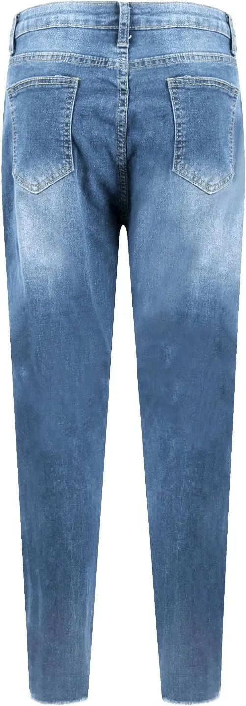 Ripped Jeans Womens Skinny Stretchy High Waisted Plus Size Raw Hem Denim Boyfriend Butt Lifting Jeggings with Pockets