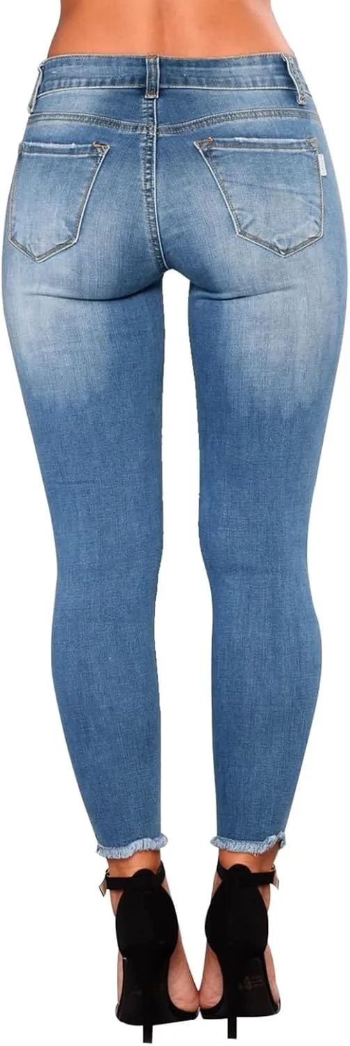 Ripped Jeans Womens Skinny Stretchy High Waisted Plus Size Raw Hem Denim Boyfriend Butt Lifting Jeggings with Pockets