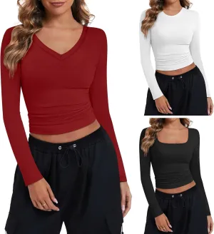 Riyiper 3 Pack Women's Long Sleeve Crop Tops Y2k Slim Fit Square Crew V Neck Shirts Casual Basics Layering