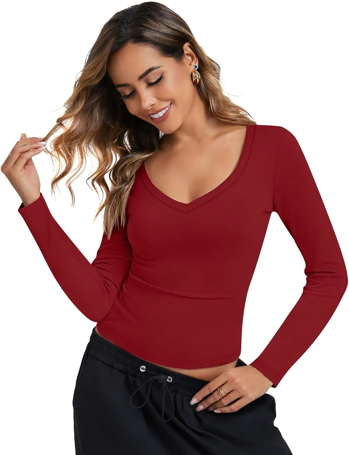 Riyiper 3 Pack Women's Long Sleeve Crop Tops Y2k Slim Fit Square Crew V Neck Shirts Casual Basics Layering