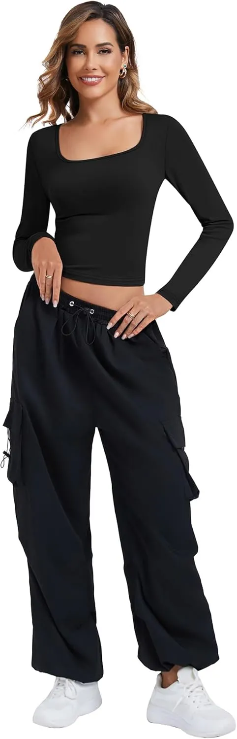 Riyiper 3 Pack Women's Long Sleeve Crop Tops Y2k Slim Fit Square Crew V Neck Shirts Casual Basics Layering