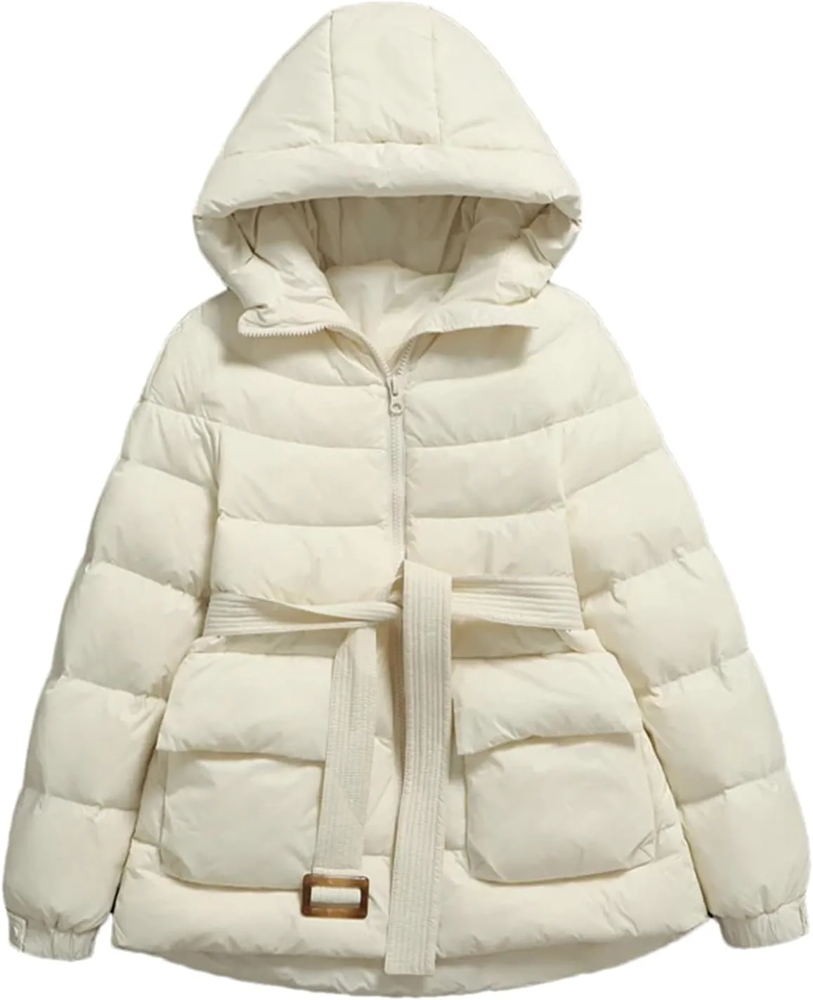 SaoBiiu Women Down Jacket Winter Casual Puffer Coat With Belt Warm Quilted Parka Portable Outerwear