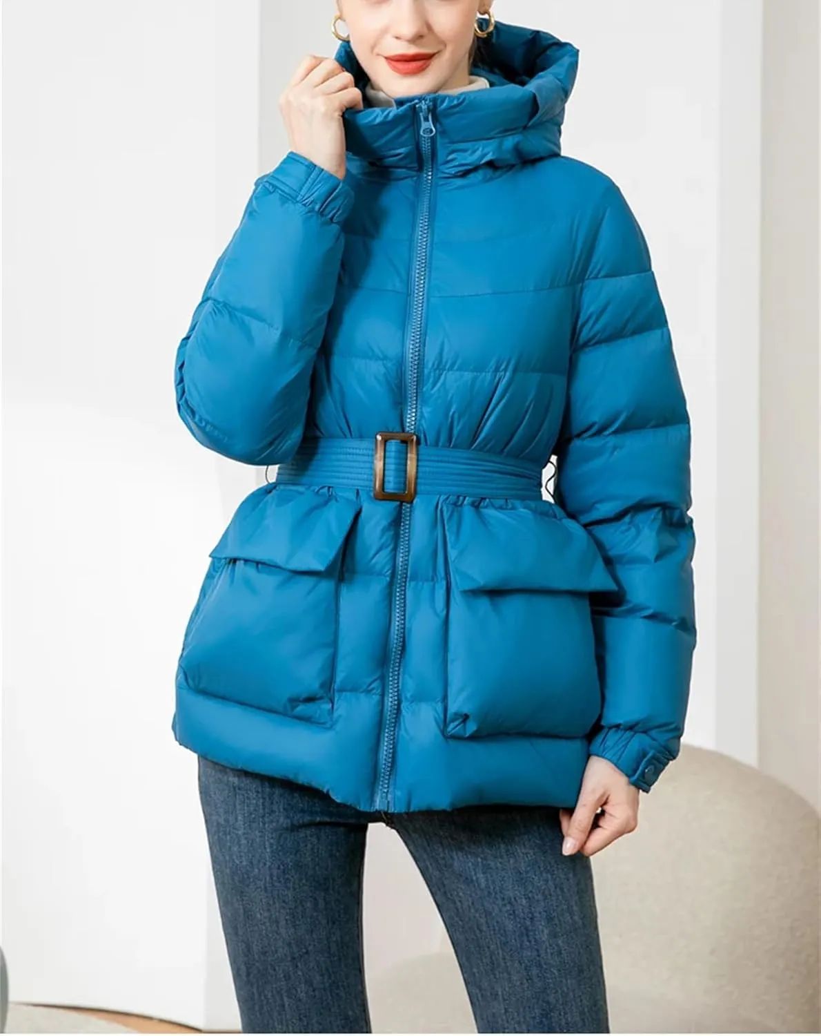 SaoBiiu Women Down Jacket Winter Casual Puffer Coat With Belt Warm Quilted Parka Portable Outerwear