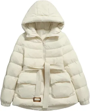 SaoBiiu Women Down Jacket Winter Casual Puffer Coat With Belt Warm Quilted Parka Portable Outerwear
