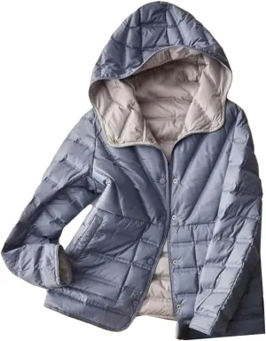 SaoBiiu Women Ultra Light Down Jacket Double Sided Puffer Coat With Hooded Casual Short Reversible Parkas