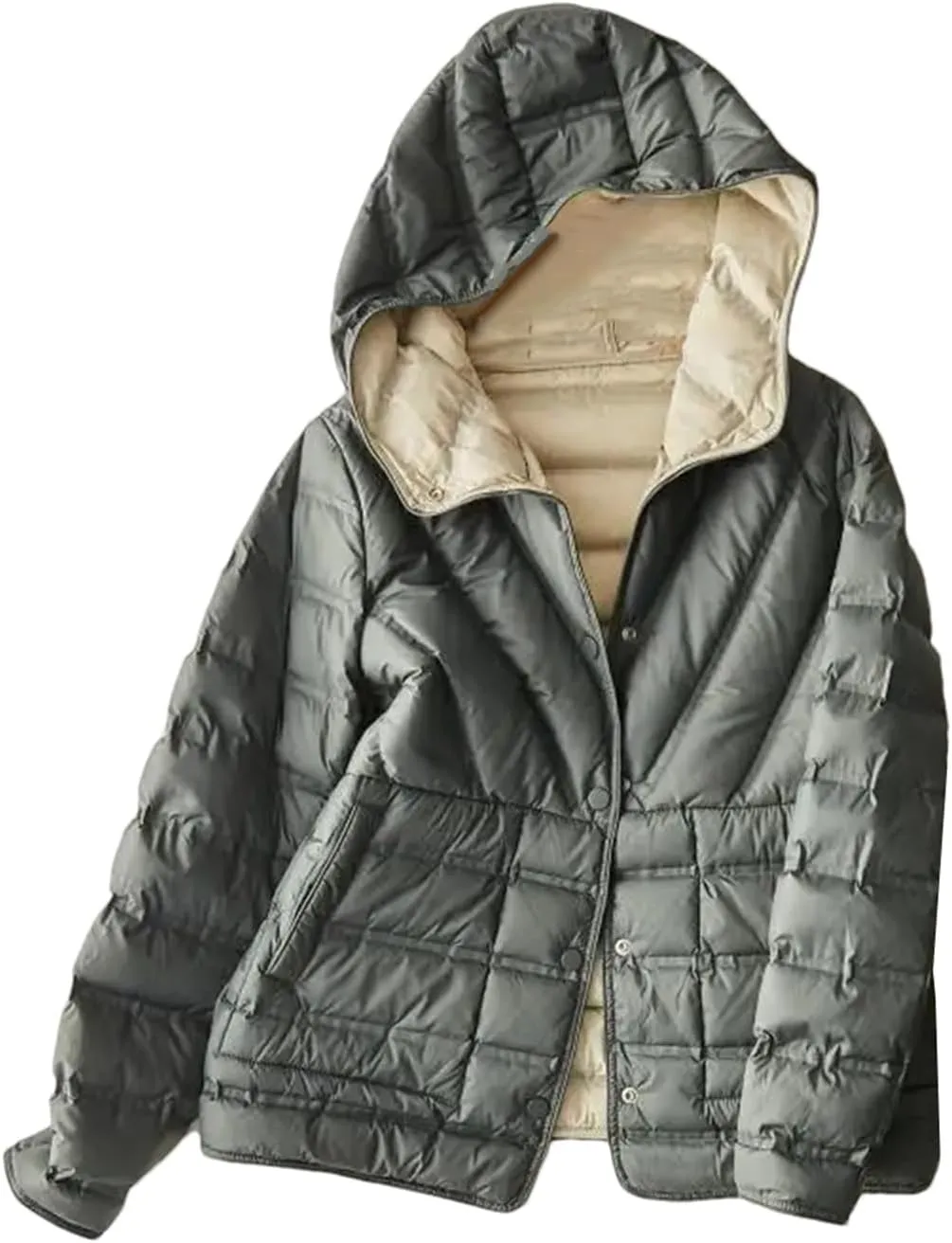 SaoBiiu Women Ultra Light Down Jacket Double Sided Puffer Coat With Hooded Casual Short Reversible Parkas