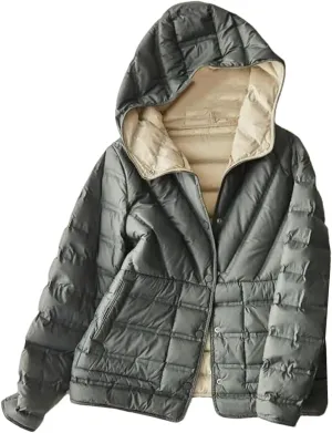 SaoBiiu Women Ultra Light Down Jacket Double Sided Puffer Coat With Hooded Casual Short Reversible Parkas