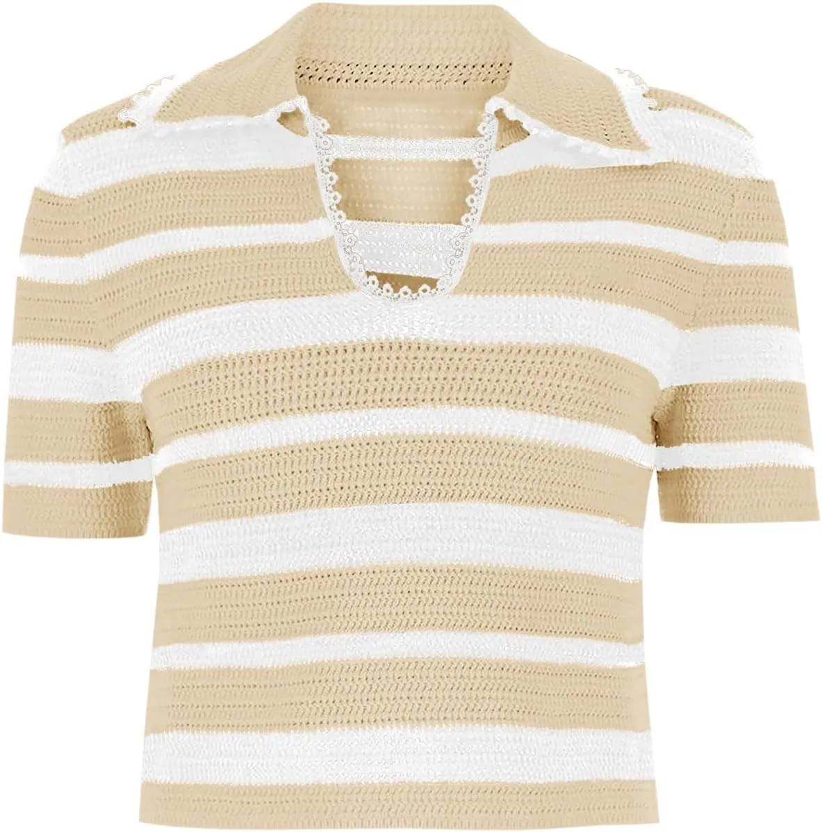Saodimallsu Womens Cropped Striped Sweater Top Summer Short Sleeve V Neck Collared Going Out Trendy Loose Polo Shirt