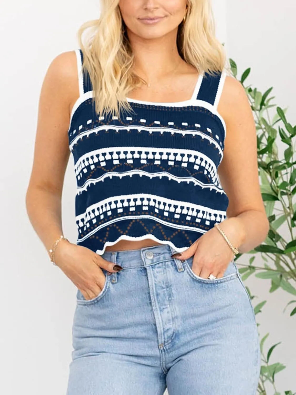 Saodimallsu Womens Striped Crop Tank Top Summer Sleeveless Square Neck Going Out Sexy Y2k Knit Slim Sweater Vest