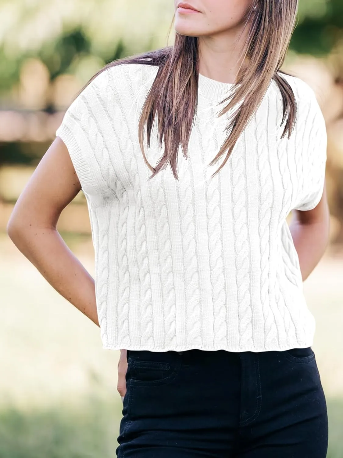 Saodimallsu Womens Summer Crewneck Crop Tops Casual Loose Fit Cable Knit Pullover Sweater