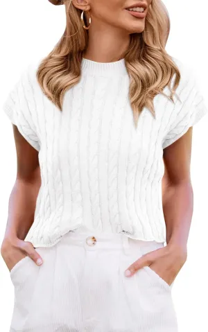 Saodimallsu Womens Summer Crewneck Crop Tops Casual Loose Fit Cable Knit Pullover Sweater