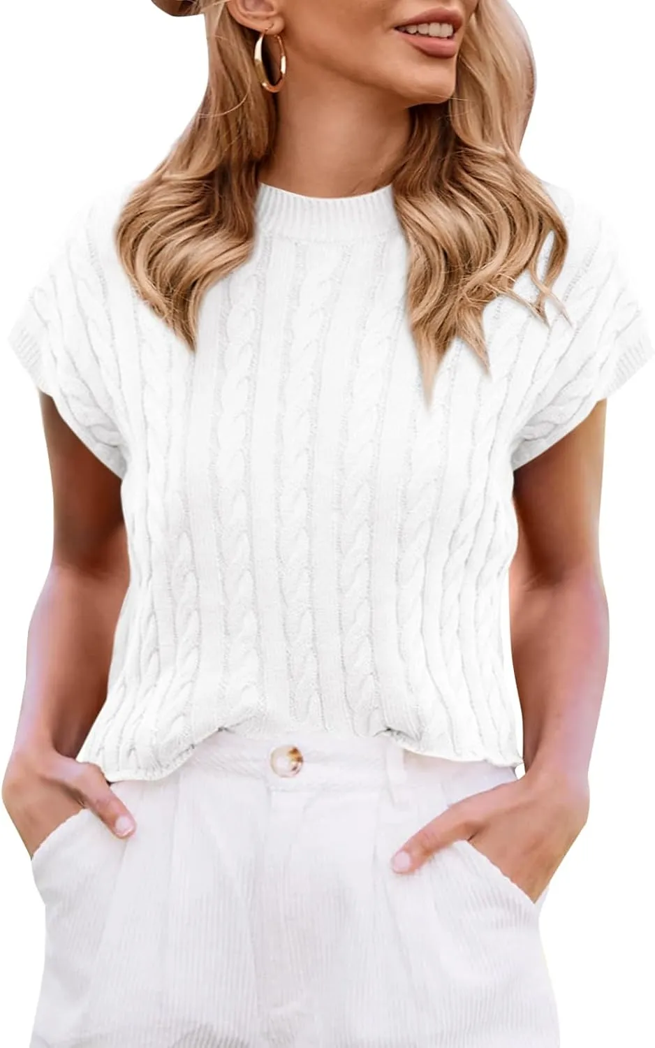 Saodimallsu Womens Summer Crewneck Crop Tops Casual Loose Fit Cable Knit Pullover Sweater