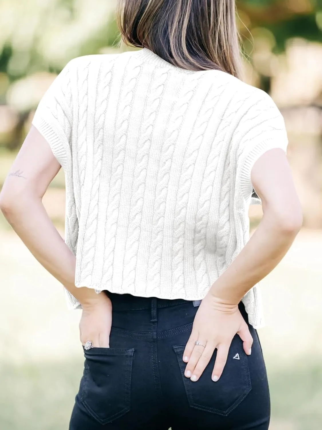 Saodimallsu Womens Summer Crewneck Crop Tops Casual Loose Fit Cable Knit Pullover Sweater