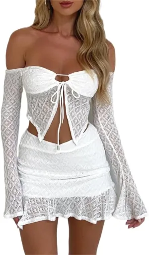 Sastianaen Women Lace Skirt Sets Y2k Off Shoulder Long Sleeve Crop Top Irregular Hem Bodycon Skirt Suit Trendy Outfit