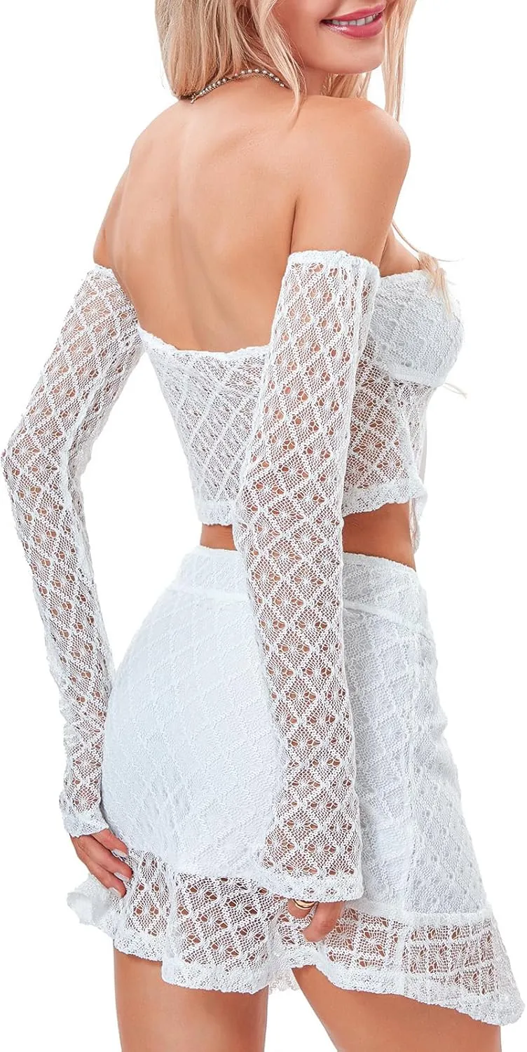 Sastianaen Women Lace Skirt Sets Y2k Off Shoulder Long Sleeve Crop Top Irregular Hem Bodycon Skirt Suit Trendy Outfit
